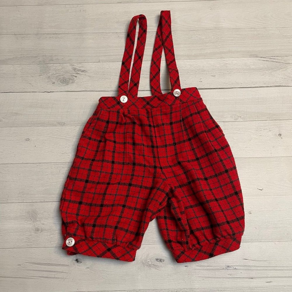 Vintage kids red plaid overall knickers 3t